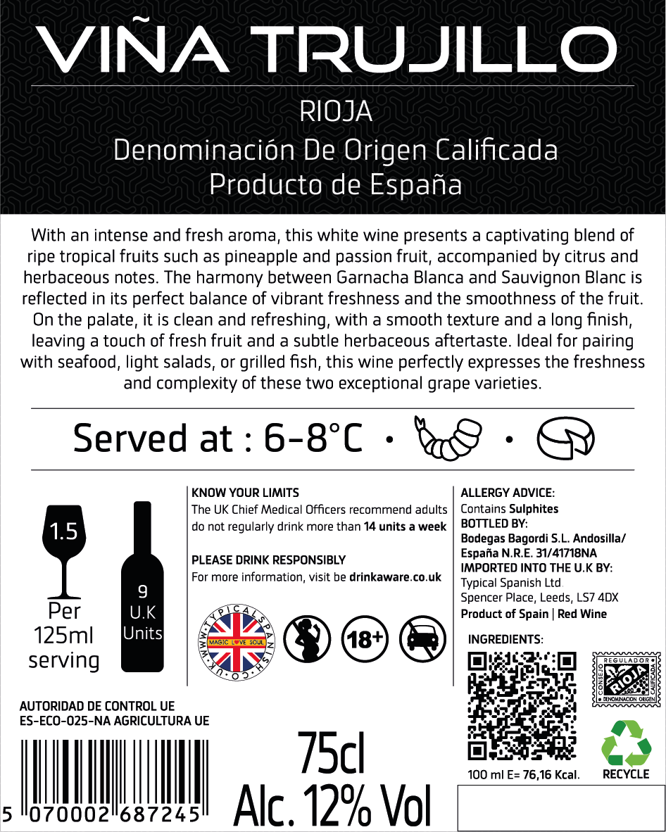 Viña Trujillo Organic Rioja White Red Wine – Pack of 6 x 75 cl Bottles