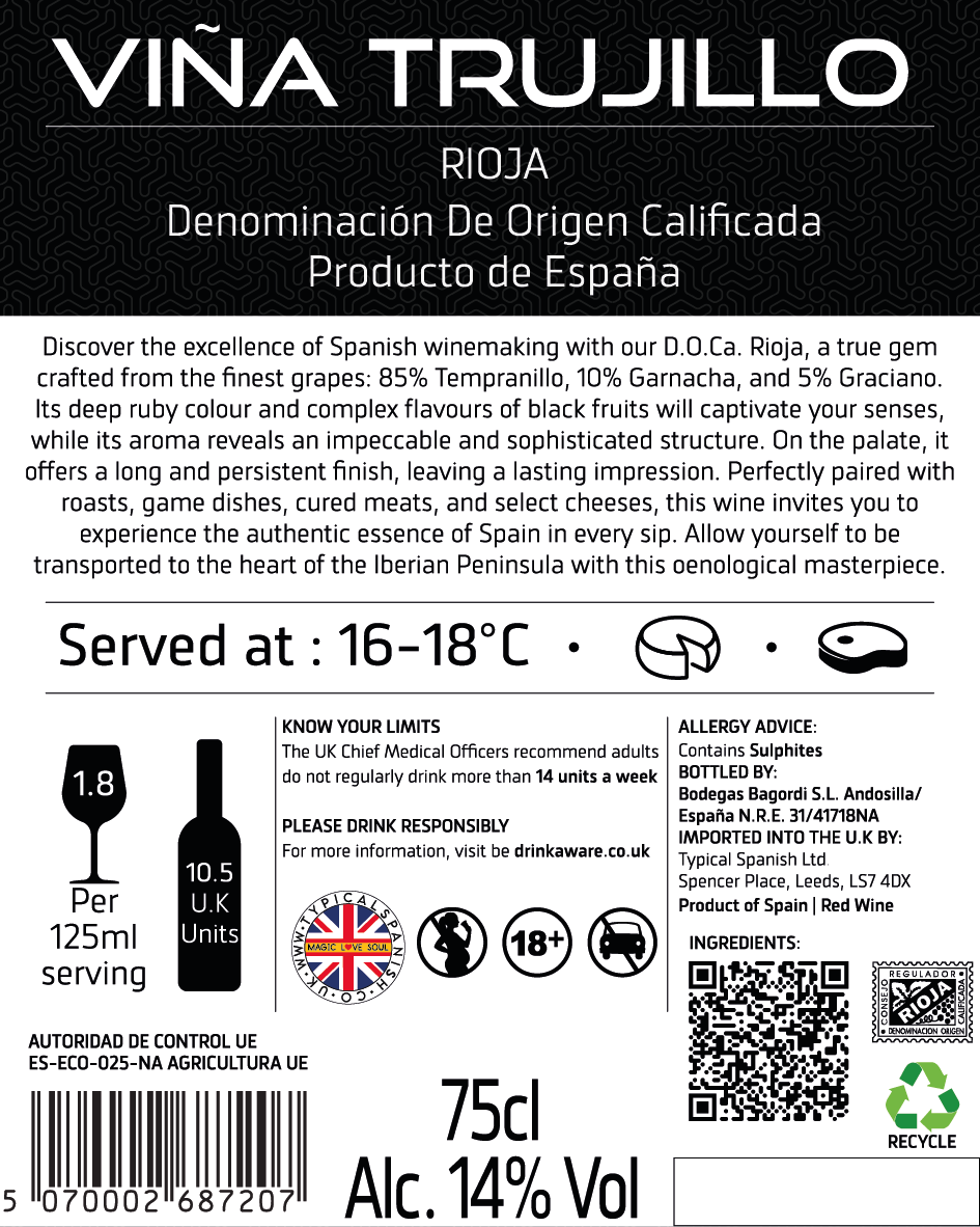 Viña Trujillo Organic Rioja Young Red Wine – Pack of 6 x 75 cl Bottles