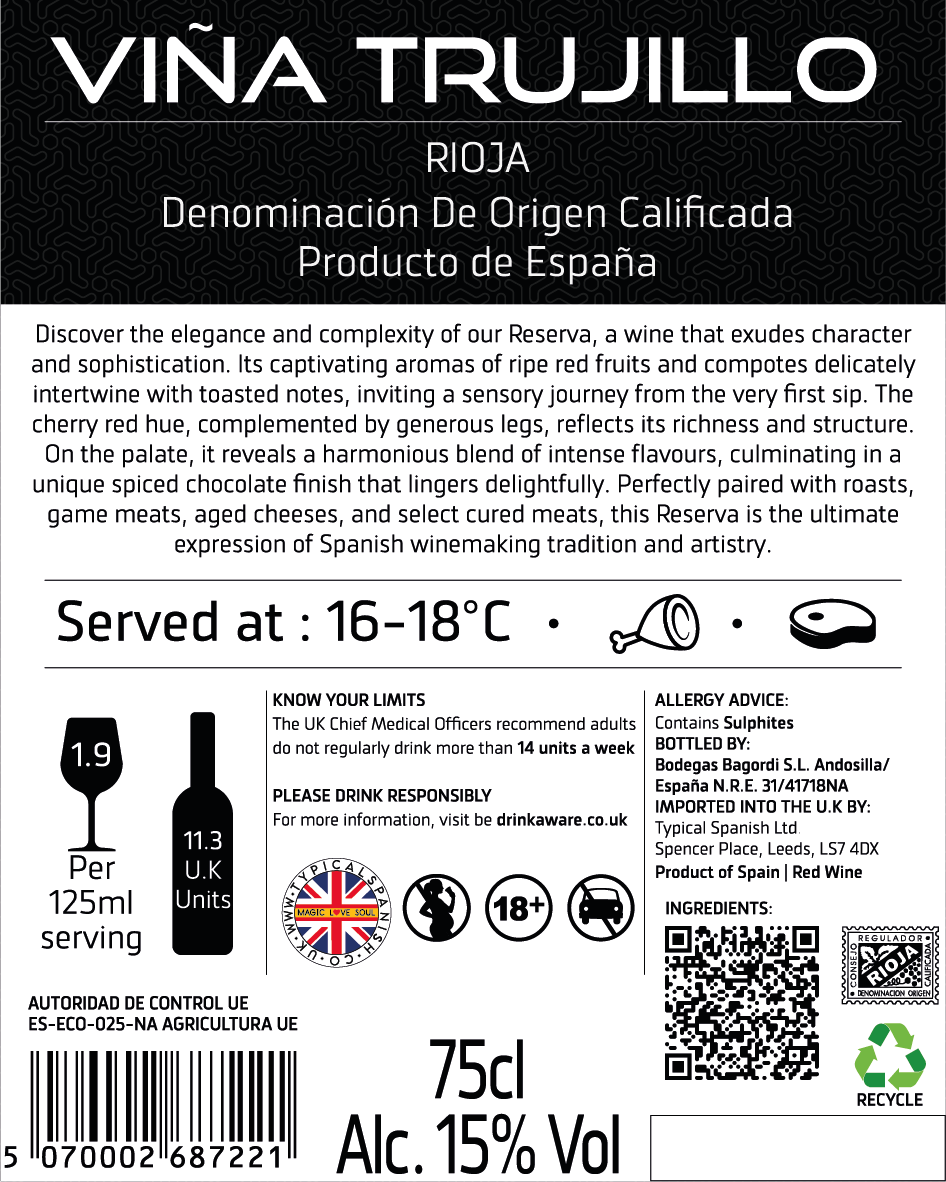 Viña Trujillo Organic Rioja Reserva Red Wine – Pack of 6 x 75 cl Bottles