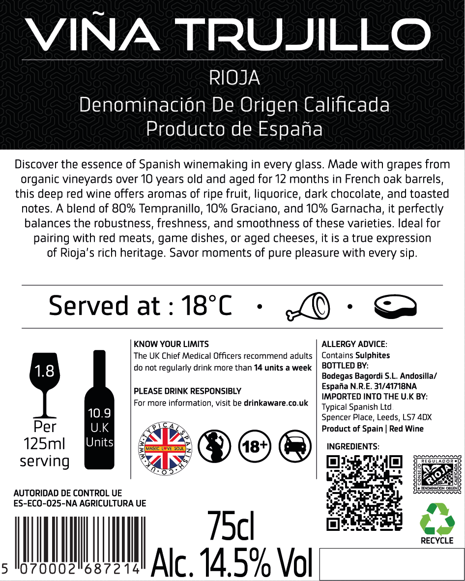 Viña Trujillo Organic Rioja Crianza Red Wine – Pack of 6 x 75 cl Bottles